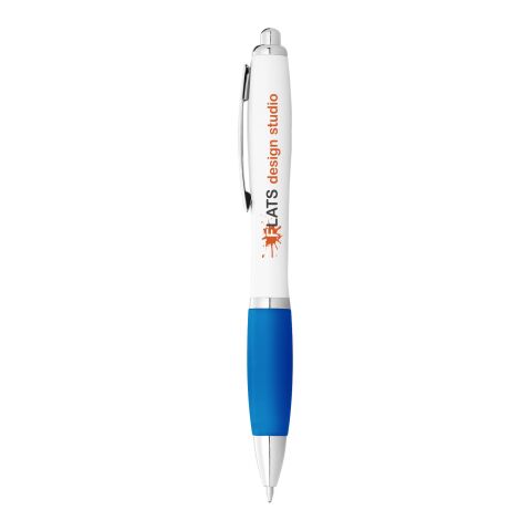 48h Express-Druck Werbeartikel Nash Kugelschreiber weiss mit farbigem Griff blaue Tinte – weiss-aquablau – mit Logo bedruckt