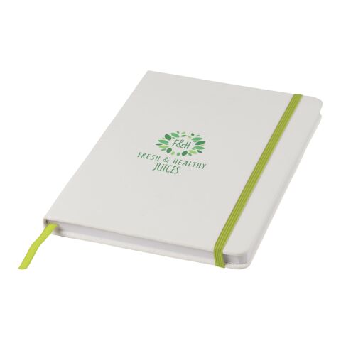 Spectrum weißes A5 Notizbuch mit farbigem Gummiband Standard | weiß-limettengrün | ohne Werbeanbringung | Nicht verfügbar | Nicht verfügbar | Nicht verfügbar
