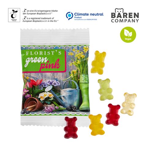 Vegane Premium-Bärchen im kompostierbaren Tütchen transparent | 1-farbiger Digital- oder Flexodruck