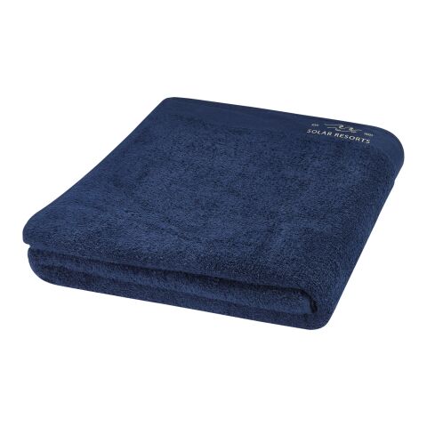 Nachhaltiger Werbeartikel Riley 550 g/m² Baumwollhandtuch 100 x 180 cm – navy – mit Logo bedruckt