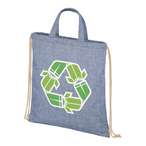 Nachhaltiger Werbeartikel Pheebs Rucksack mit Kordelzug aus recycelter Baumwolle, 210 g/m² – heather blau – mit Logo bedruckt