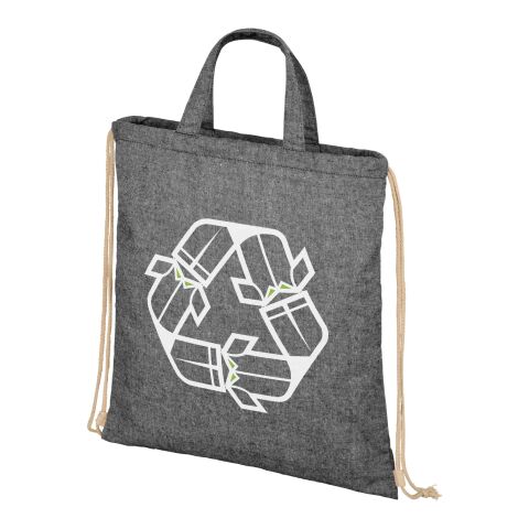 Nachhaltiger Werbeartikel Pheebs Rucksack mit Kordelzug aus recycelter Baumwolle, 210 g/m² – heather schwarz – mit Logo bedruckt