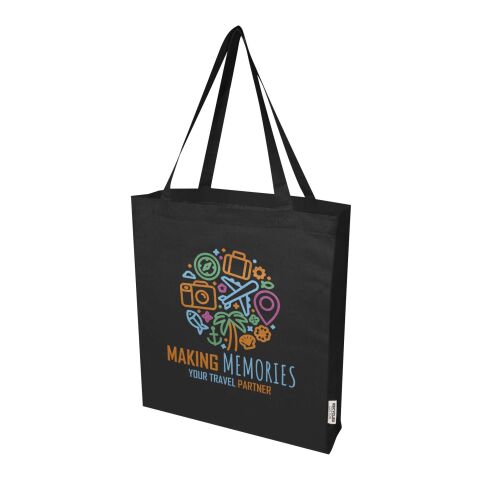 Nachhaltiger Werbeartikel Madras 140 g/m² Baumwoll Tragetasche mit Seitenfalten aus GRS recycelter Baumwolle – schwarz – mit Logo bedruckt