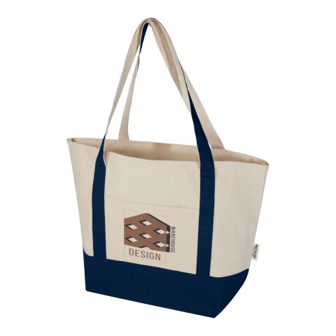 Nachhaltiger Werbeartikel Sam 320 g/m² Tragetasche aus GRS recycelter Baumwolle – navy-natur – mit Logo bedruckt