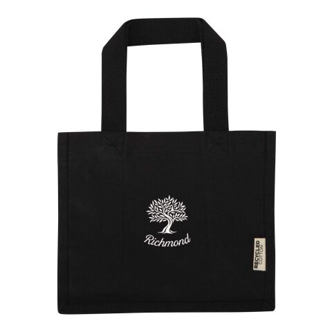Nachhaltiger Werbeartikel Odessa 9 L Mini-Tragetasche mit Bodenfalte aus 220 g/m² GRS Recyclingbaumwolle – schwarz – mit Logo bedruckt