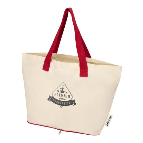 Nachhaltiger Werbeartikel Sierra 140 g/m² Faltbare Tragetasche aus GRS recycelter Baumwolle 7L – natur-rot – mit Logo bedruckt