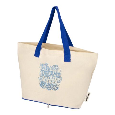 Nachhaltiger Werbeartikel Sierra 140 g/m² Faltbare Tragetasche aus GRS recycelter Baumwolle 7L – natur-royalblau – mit Logo bedruckt
