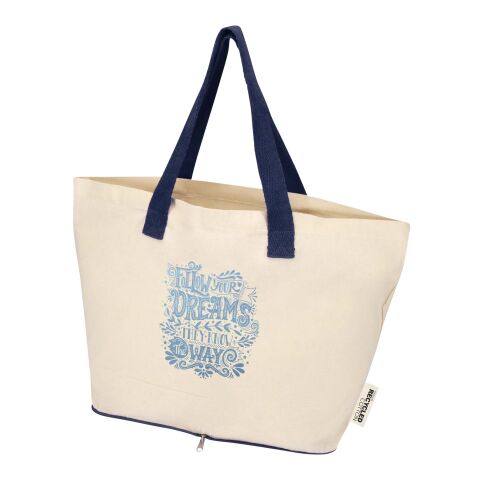 Nachhaltiger Werbeartikel Sierra 140 g/m² Faltbare Tragetasche aus GRS recycelter Baumwolle 7L – natur-navy – mit Logo bedruckt