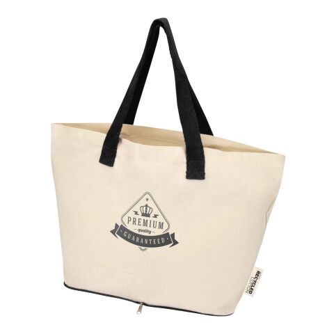 Nachhaltiger Werbeartikel Sierra 140 g/m² Faltbare Tragetasche aus GRS recycelter Baumwolle 7L – natur-schwarz – mit Logo bedruckt