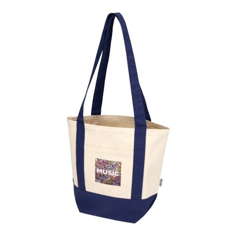 Nachhaltiger Werbeartikel Sam 320 g/m² Mini-Tragetasche aus GRS recycelter Baumwolle – navy-natur – mit Logo bedruckt