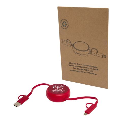 Werbeartikel Alasia 100 cm 5-in-1 Kabel aus recyceltem Kunststoff und Aluminium, einziehbar, für Datenübertragung und mit 45W Schnellladung – rot –