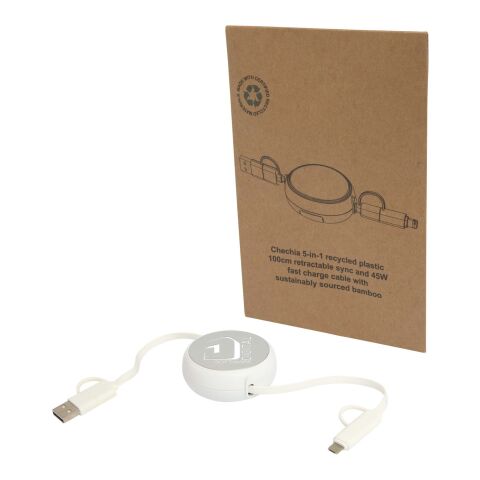 Werbeartikel Alasia 100 cm 5-in-1 Kabel aus recyceltem Kunststoff und Aluminium, einziehbar, für Datenübertragung und mit 45W Schnellladung – silber –