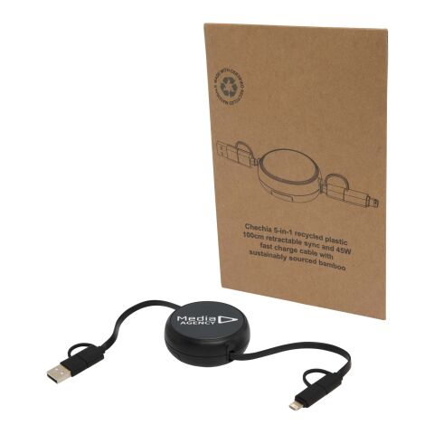 Werbeartikel Alasia 100 cm 5-in-1 Kabel aus recyceltem Kunststoff und Aluminium, einziehbar, für Datenübertragung und mit 45W Schnellladung – schwarz