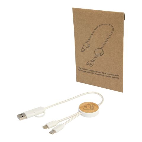 Nachhaltiger Werbeartikel Chechia 30 cm 5-in-1 Kabel aus recyceltem Kunststoff für Datenübertragung und 27W Schnellladung mit Bambusdetails – Weiss –