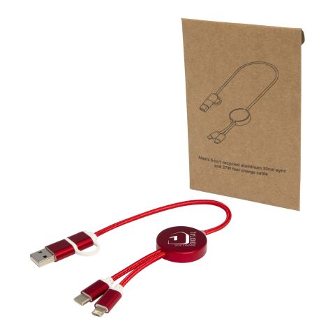 Werbeartikel Alasia 30 cm 5-in-1 Kabel aus recyceltem Kunststoff für Datenübertragung und 27W Schnellladung – rot – mit Logo bedruckt