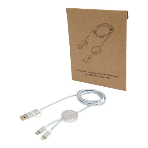 Werbeartikel Alasia 150 cm 5-in-1 Kabel aus recyceltem Kunststoff für Datenübertragung und 27W Schnellladung – silber – mit Logo bedruckt
