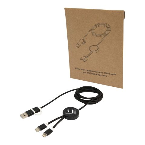 Werbeartikel Alasia 150 cm 5-in-1 Kabel aus recyceltem Kunststoff für Datenübertragung und 27W Schnellladung – schwarz – mit Logo bedruckt