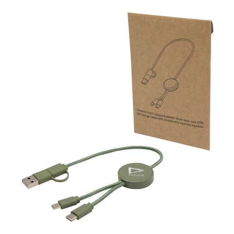 Werbeartikel Citala 30 cm 5-in-1 Kabel aus recyceltem Kunststoff für Datenübertragung und 27W Schnellladung – heather grün – mit Logo bedruckt