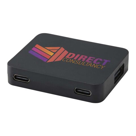Werbeartikel Gaia 4 Port USB Hub mit USB-A- und Typ-C-Ausgang und zwei Eingängen aus recyceltem Kunststoff – schwarz – mit Logo bedruckt
