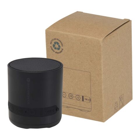 Werbeartikel Hunor 3 W kabelloser Lautsprecher aus recyceltem Kunststoff – schwarz – mit Logo bedruckt