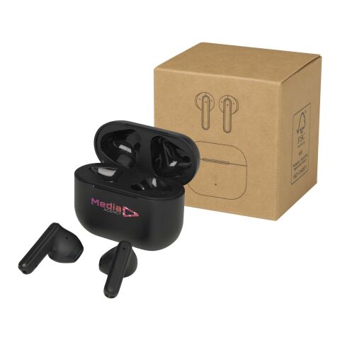Werbeartikel Altais True Wireless Bluetooth® Headset aus recyceltem Kunststoff – schwarz – mit Logo bedruckt
