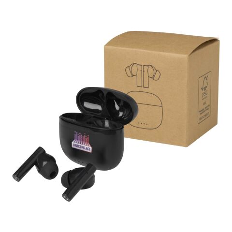 Werbeartikel Alterf True Wireless Bluetooth® Headset aus recyceltem Kunststoff mit Silikon-Ohrstöpseln – schwarz – mit Logo bedruckt