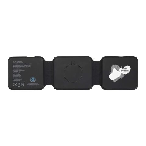 Werbeartikel Armus 15 W 3-in-1 zusammenklappbares kabelloses Ladegerät aus recyceltem Kunststoff – schwarz – mit Logo bedruckt