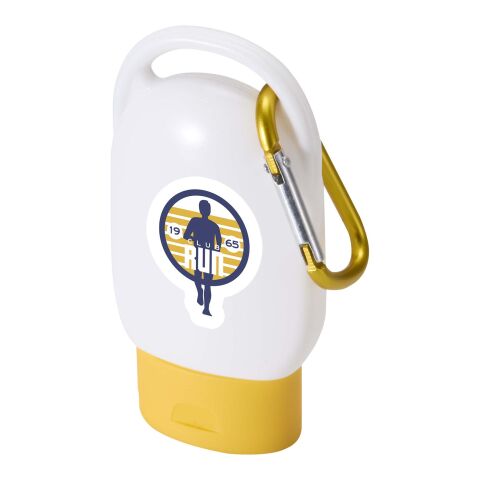 Werbeartikel Rosie LSF 30 Sonnencreme mit Karabiner – gelb – mit Logo bedruckt