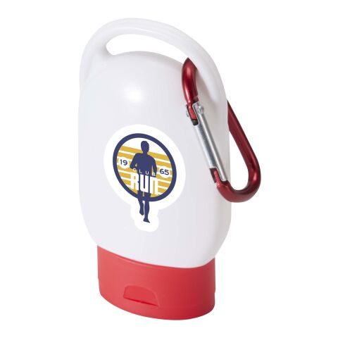 Werbeartikel Rosie LSF 30 Sonnencreme mit Karabiner – rot – mit Logo bedruckt