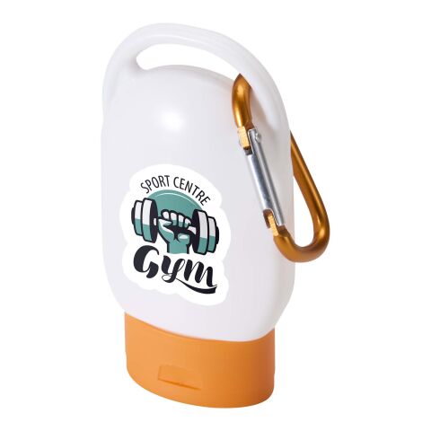 Werbeartikel Rosie LSF 30 Sonnencreme mit Karabiner – orange – mit Logo bedruckt
