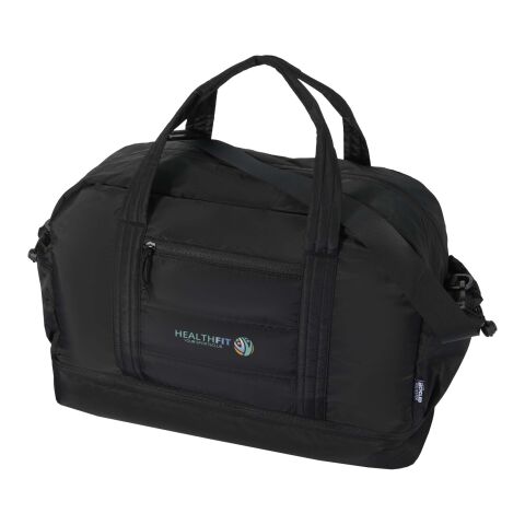 Nachhaltiger Werbeartikel Puffer GRS recycelte Reisetasche mit isoliertem Boden 30 L – schwarz – mit Logo bedruckt
