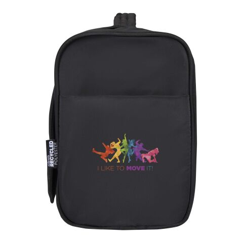 Nachhaltiger Werbeartikel Puffer GRS recycelte aufhängbare Kulturtasche 8L – schwarz – mit Logo bedruckt
