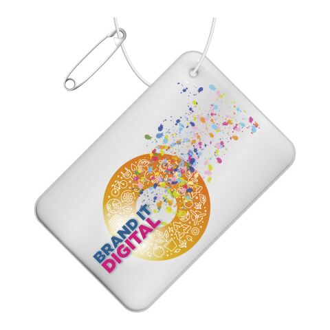 RFX™ Rechteckiger, reflektierender PVC-Aufhänger, klein weiss | 1-farbiger Siebdruck | Vorderseite | 72 mm x 46 mm