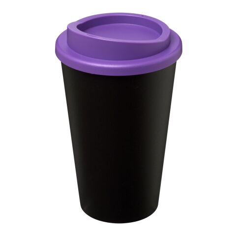 Werbeartikel 350 ml Americano® Isolierbecher, doppelwandiger Coffee-to-go-Becher Made in UK – schwarz-lila – mit Logo bedruckt