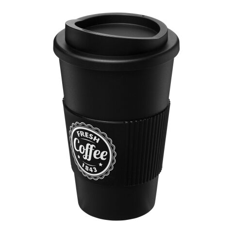 Werbeartikel 350 ml Americano® Coffee-to-go-Becher, doppelwandig isoliert mit Silikon-Schutzring & Schraubverschluss – schwarz – mit Logo bedruckt