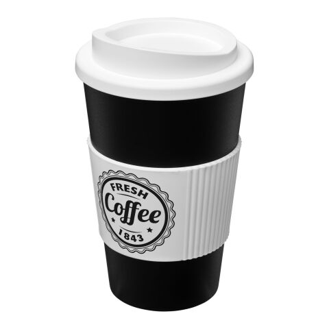 Werbeartikel 350 ml Americano® Coffee-to-go-Becher, doppelwandig isoliert mit Silikon-Schutzring & Schraubverschluss – schwarz-weiss – mit Logo