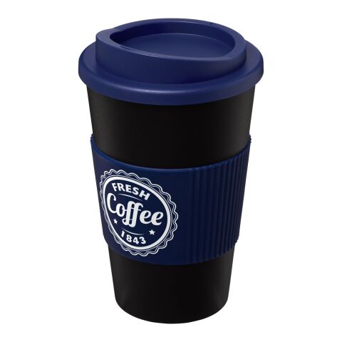Werbeartikel 350 ml Americano® Coffee-to-go-Becher, doppelwandig isoliert mit Silikon-Schutzring & Schraubverschluss – schwarz-blau – mit Logo