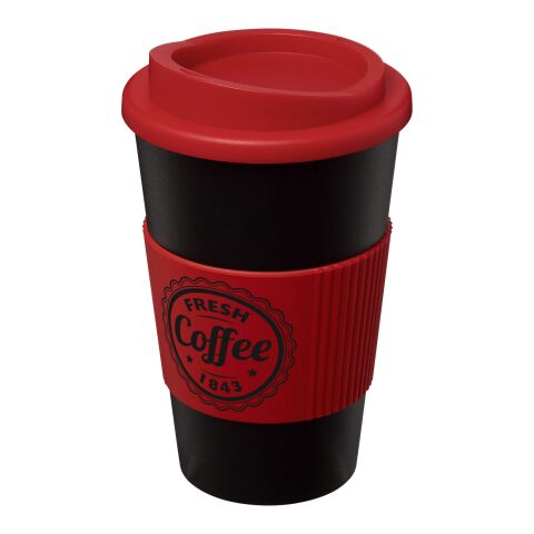 Werbeartikel 350 ml Americano® Coffee-to-go-Becher, doppelwandig isoliert mit Silikon-Schutzring & Schraubverschluss – schwarz-rot – mit Logo bedruckt