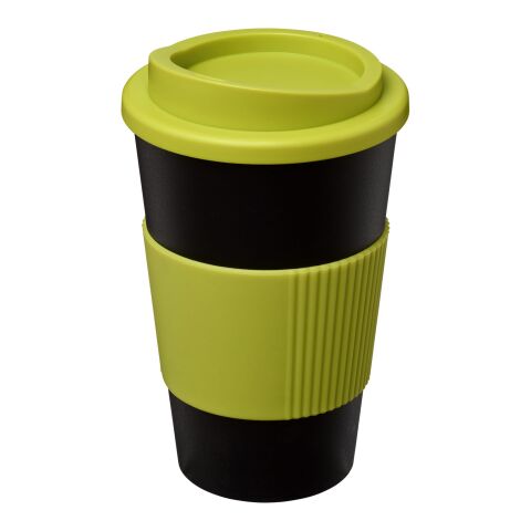 Werbeartikel 350 ml Americano® Coffee-to-go-Becher, doppelwandig isoliert mit Silikon-Schutzring & Schraubverschluss – schwarz-limone – mit Logo