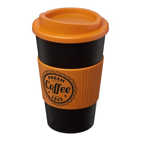Werbeartikel 350 ml Americano® Coffee-to-go-Becher, doppelwandig isoliert mit Silikon-Schutzring & Schraubverschluss – schwarz-orange – mit Logo