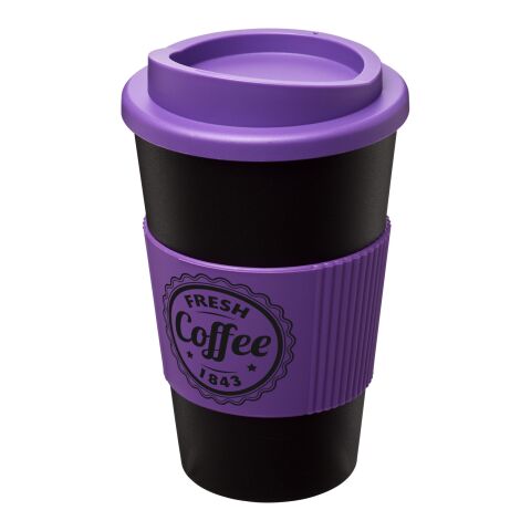 Werbeartikel 350 ml Americano® Coffee-to-go-Becher, doppelwandig isoliert mit Silikon-Schutzring & Schraubverschluss – schwarz-lila – mit Logo