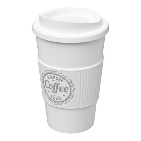 Werbeartikel 350 ml Americano® Coffee-to-go-Becher, doppelwandig isoliert mit Silikon-Schutzring & Schraubverschluss – weiss – mit Logo bedruckt