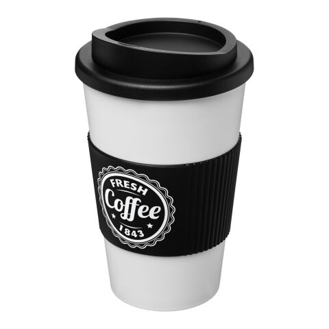 Werbeartikel 350 ml Americano® Coffee-to-go-Becher, doppelwandig isoliert mit Silikon-Schutzring & Schraubverschluss – weiss-schwarz – mit Logo
