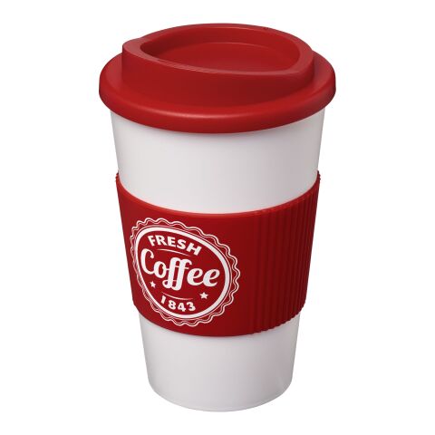 Werbeartikel 350 ml Americano® Coffee-to-go-Becher, doppelwandig isoliert mit Silikon-Schutzring & Schraubverschluss – weiss-rot – mit Logo bedruckt