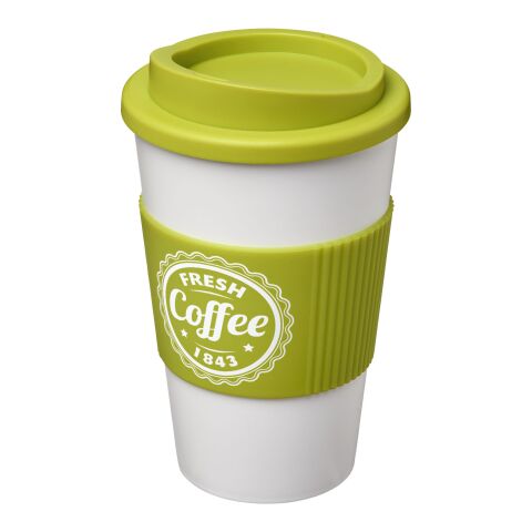 Werbeartikel 350 ml Americano® Coffee-to-go-Becher, doppelwandig isoliert mit Silikon-Schutzring & Schraubverschluss – weiss-limone – mit Logo