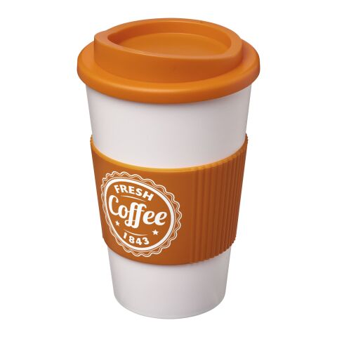 Werbeartikel 350 ml Americano® Coffee-to-go-Becher, doppelwandig isoliert mit Silikon-Schutzring & Schraubverschluss – weiss-orange – mit Logo