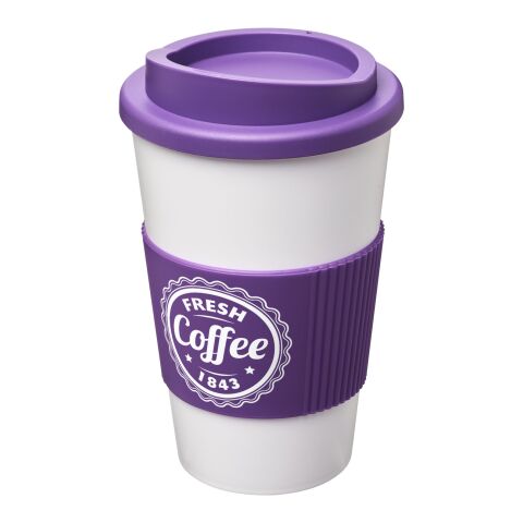 Werbeartikel 350 ml Americano® Coffee-to-go-Becher, doppelwandig isoliert mit Silikon-Schutzring & Schraubverschluss – weiss-lila – mit Logo bedruckt