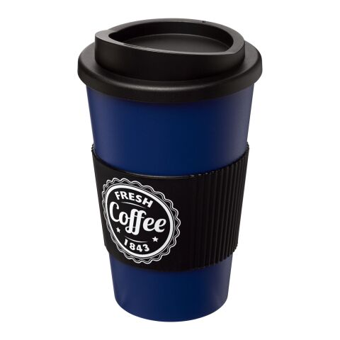 Werbeartikel 350 ml Americano® Coffee-to-go-Becher, doppelwandig isoliert mit Silikon-Schutzring & Schraubverschluss – blau-schwarz – mit Logo