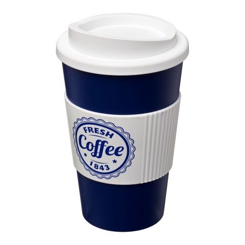Werbeartikel 350 ml Americano® Coffee-to-go-Becher, doppelwandig isoliert mit Silikon-Schutzring & Schraubverschluss – blau-weiss – mit Logo bedruckt