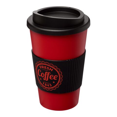Werbeartikel 350 ml Americano® Coffee-to-go-Becher, doppelwandig isoliert mit Silikon-Schutzring & Schraubverschluss – rot-schwarz – mit Logo bedruckt